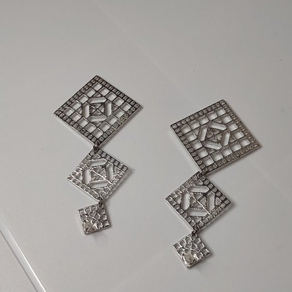 Long Silver Tone Metal Decorative Dangling Square Earrings - Picture 10 of 12
